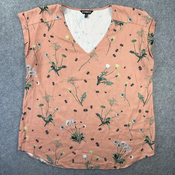 Express Tops - Express Blouse Womens XL Pink Floral Print V Neck Cap Sleeve Lightweight Top
